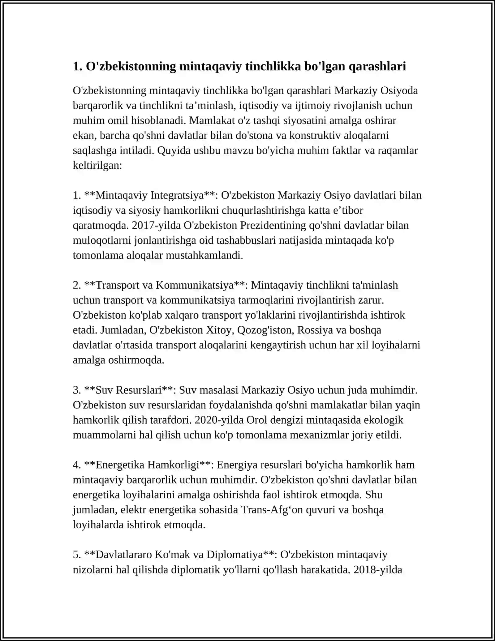 O‘ZBEKISTONNING MARKAZIY OSIYODA TINCHLIK BARQARORLIKNI TA'MINLASHDA O'RNI 3