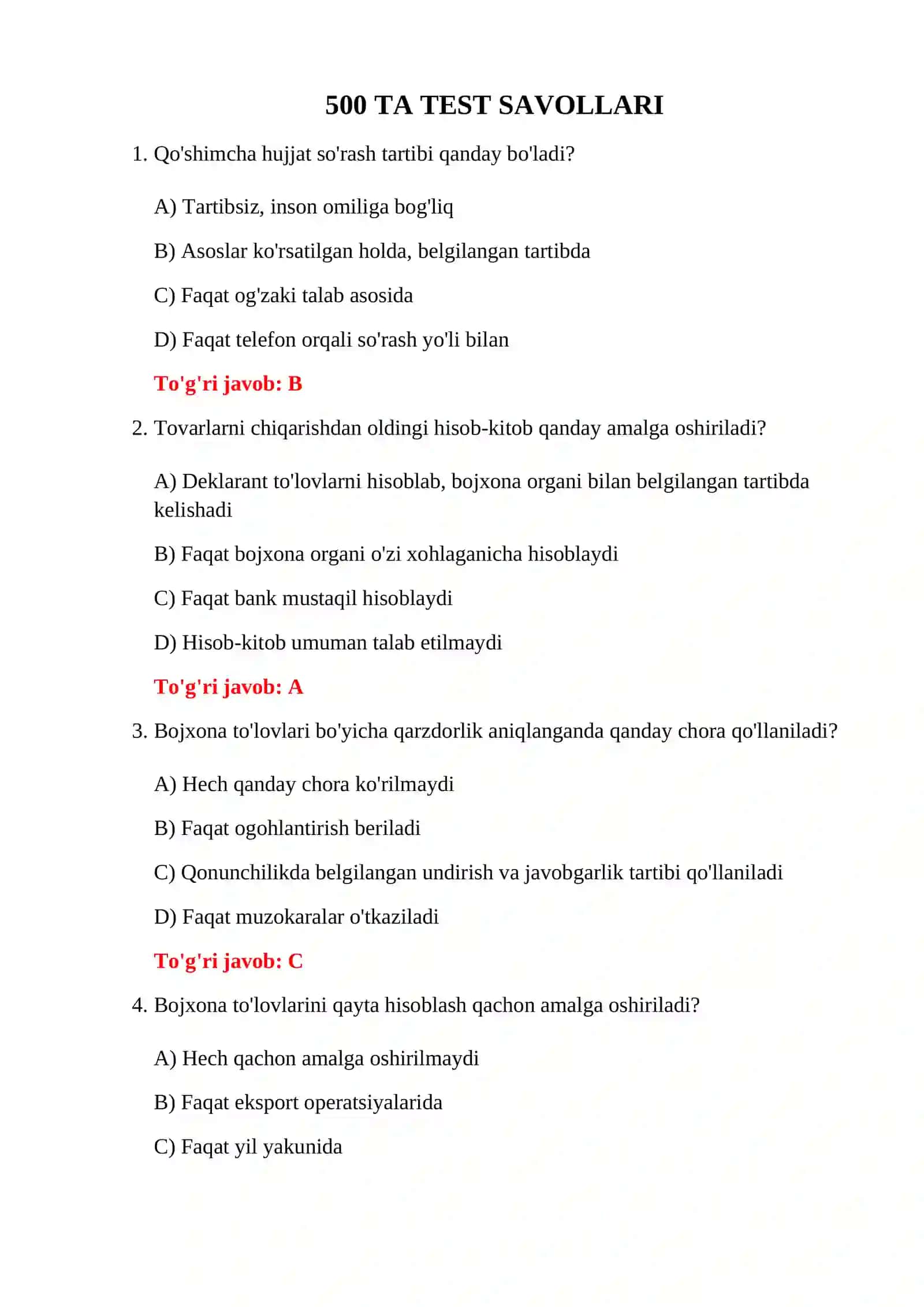 BOJXONA RASMIYLASHTIRUVI 500 TA TEST 3