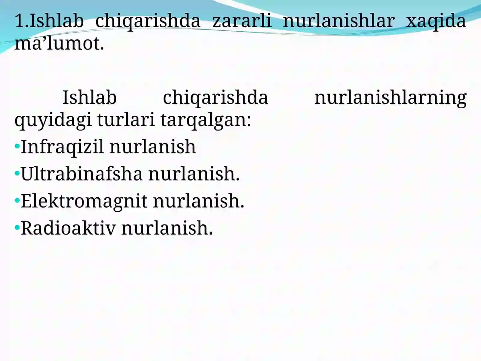 Ishlab chiqarishda zararli nurlanishlar, elektr magnit maydon ularning hususiyatlari va inson organizmiga ta’siri 3