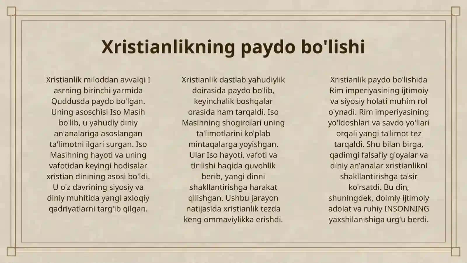 XRISTIANLIKNING PAYDO BOLISHI AQIDALARI ASOSIY YONALISHLARI TALIMOTLARI VA MANBALARI XRISTIANLIK DINING ORTA OSIYOGA KIRIB KELISHI TARQALISHI 3