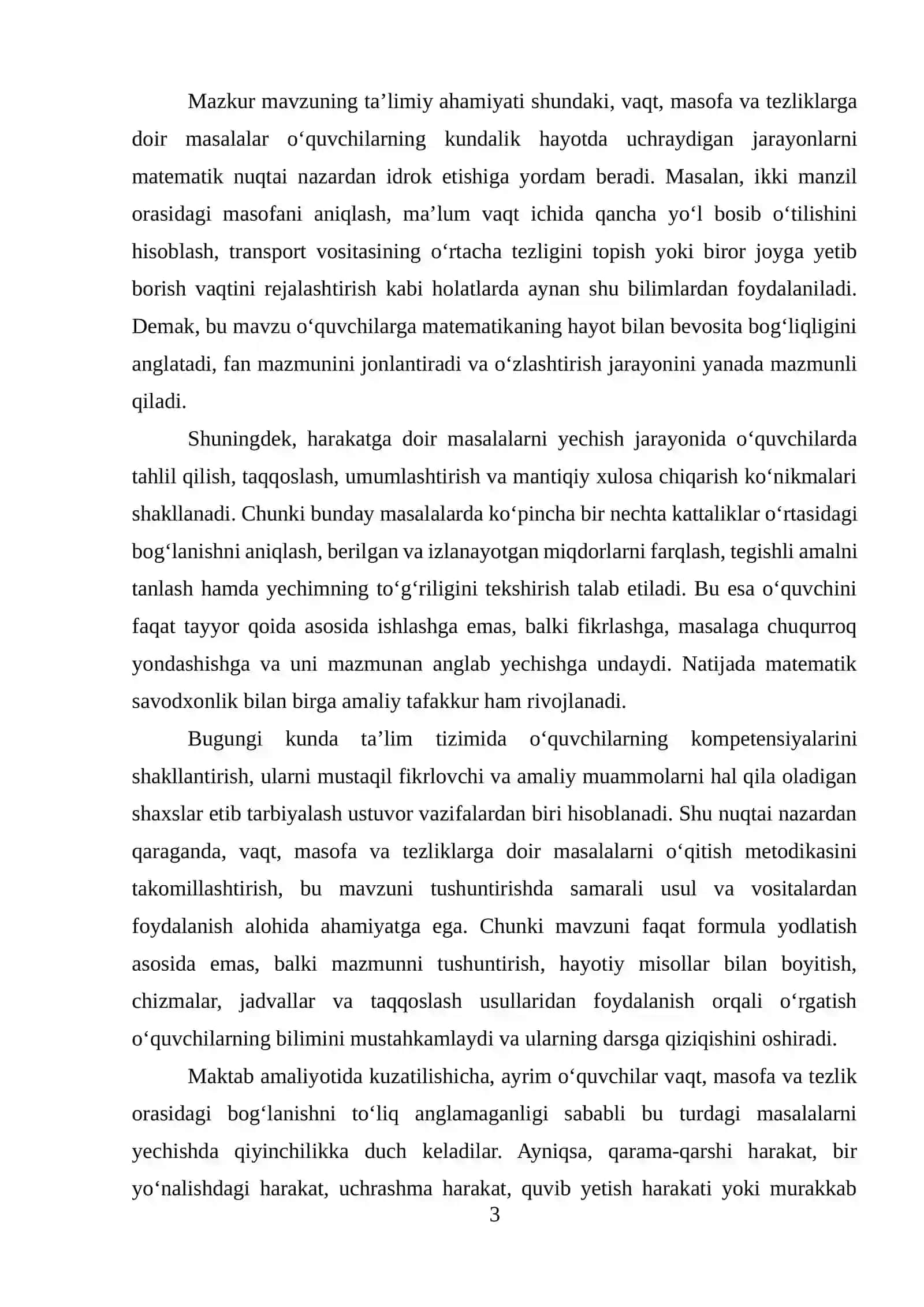 VAQT, MASOFA VA TEZLIKLARGA DOIR MASALALAR YECHISHGA O'RGATISH 3