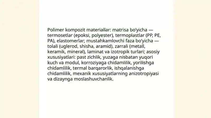 Poʻlimer kompozitsion materiallarni qoʻllanishi.Mashinasozlikda va qurilishda qoʻllaniladigan polimer materiallar 3
