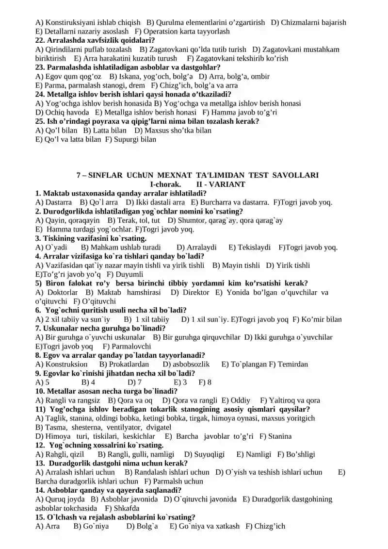 MЕXNAT TA'LIMIDAN TЕST SAVOLLARI 3