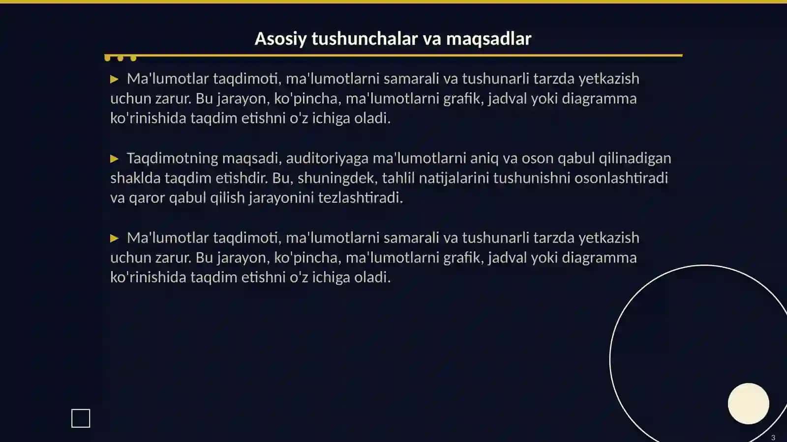 Ma'lumotlar va tahlil natijalarini garfik, jadval, diagramma usulida taqdim etish 3