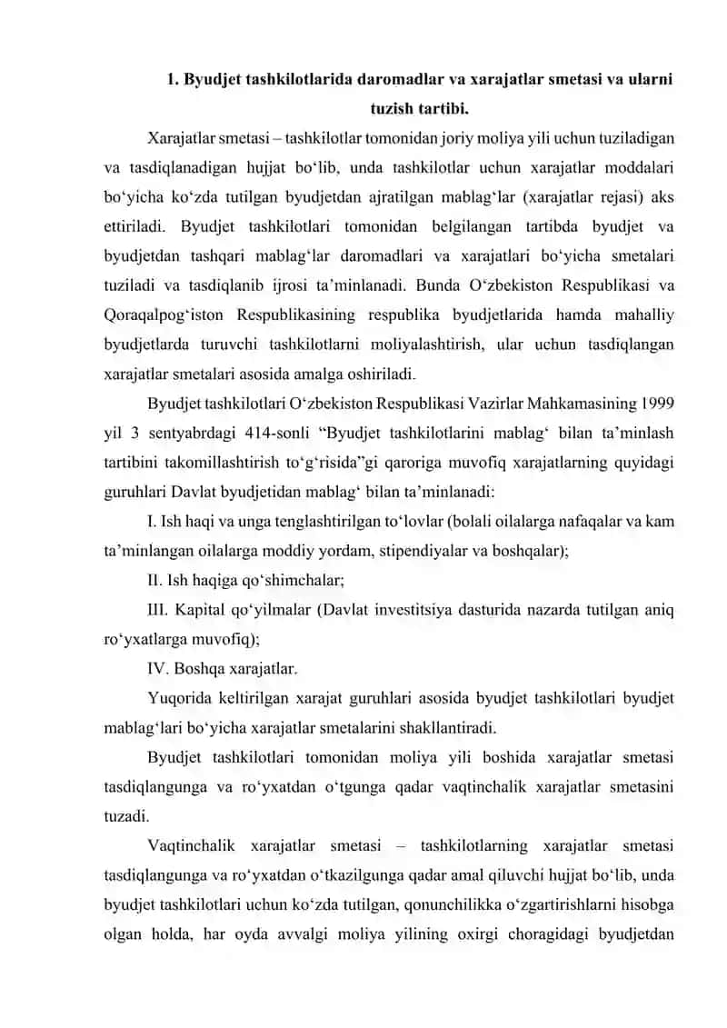 Byudjet tashkilotlarida smetalar hamda shtatlar jadvalini tuzish, tasdiqlash va taqdim etish tartibi 3