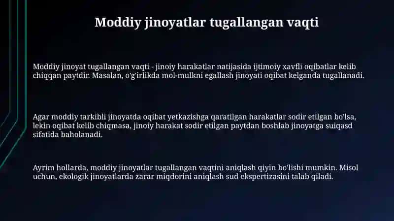 Moddiy, formal va kesik tarkibli jinoyatlarning tamom bo‘lish vaqti mavzusida taqdimot tayyorlash 3