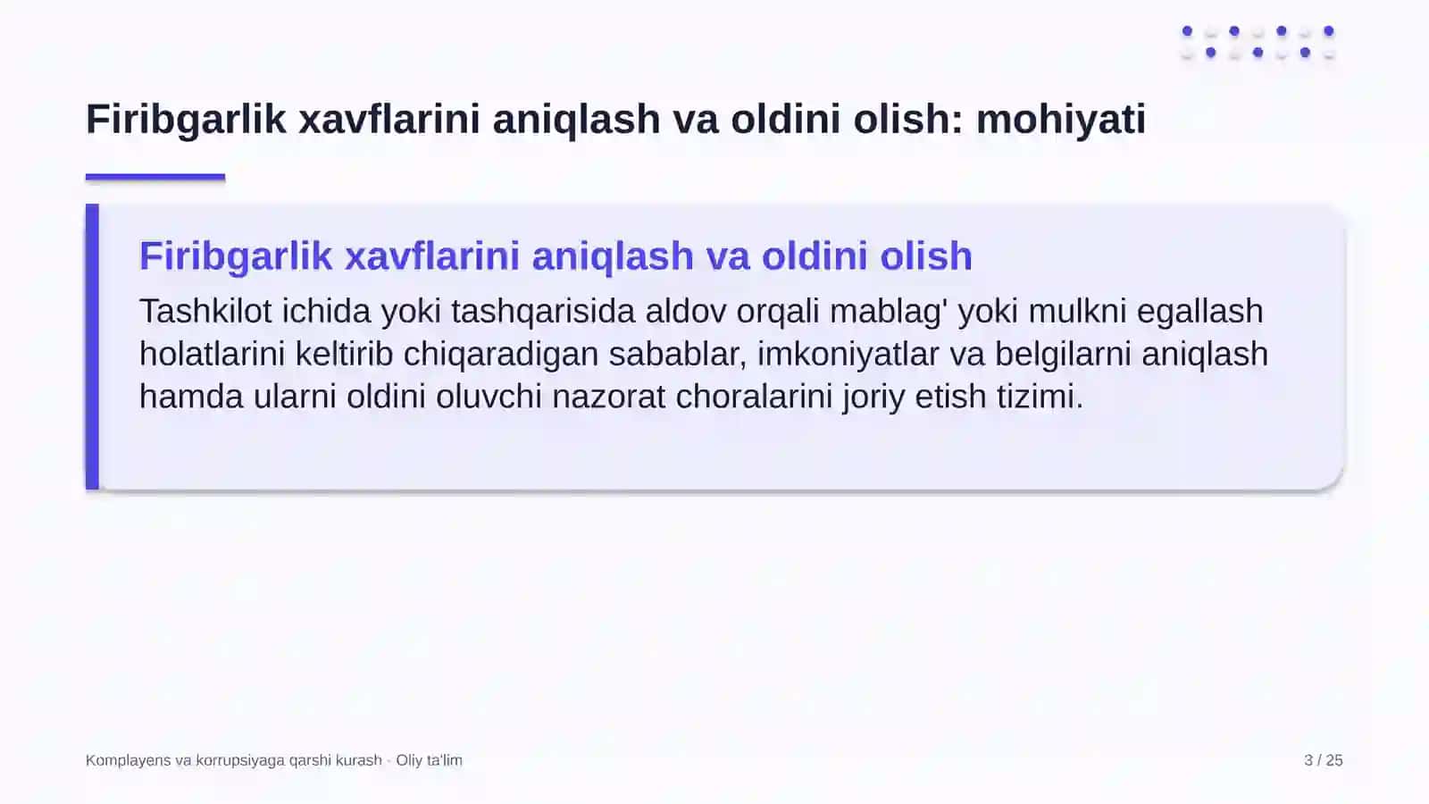 Komplayens va korrupsiyaga qarshi kurash · Oliy ta'lim 3
