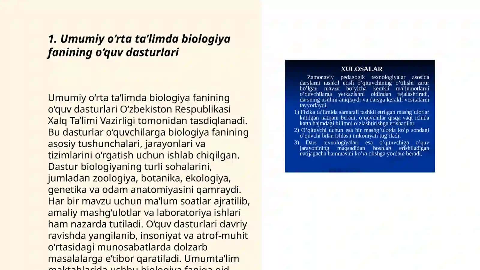 Biologiyadan tuzilgan DTS, oquv dasturi, darsliklar va metodik qollanmalarni organish va ular ortasidagi uzviylikni tahlil etish 3