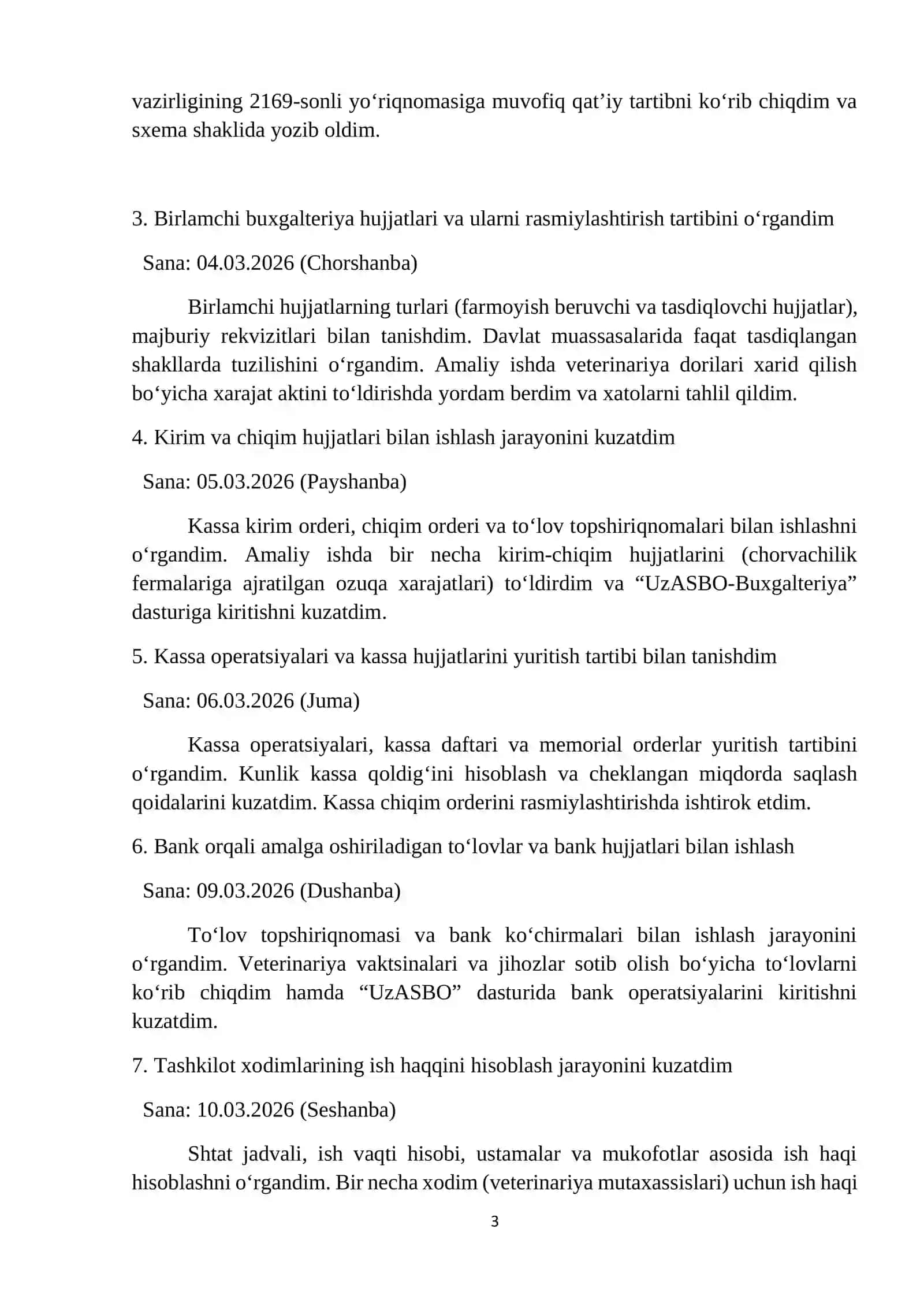 MALAKAVIY AMALIYOTI HISOBOTI. Veterinariya va Chorvachilikni rivojlantirish Boshqarmasi 3