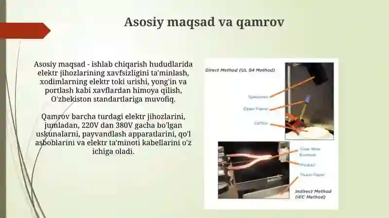 Ishlab chiqarish maydonlarida elektr qurilmalardagi elektr xavfsizlikni tekshirish 3