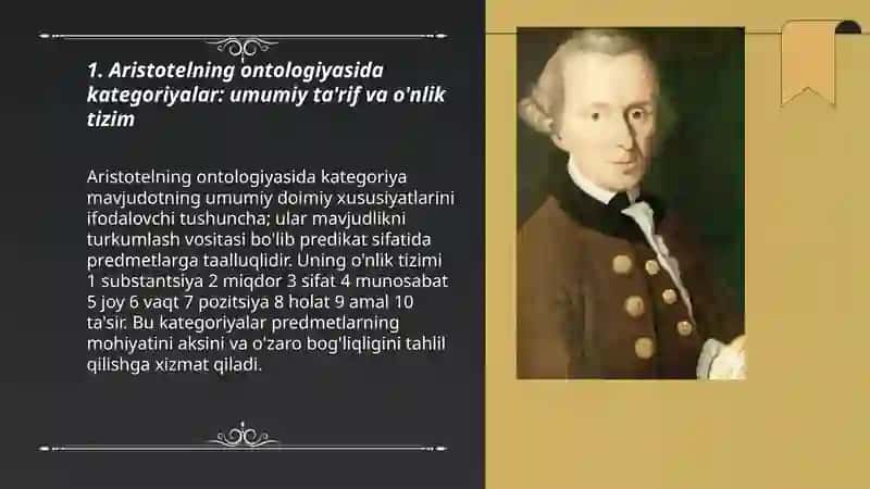 Aristotel, Forobiy va Kant ontologiyasida kategoriyalarning tasnifi 3
