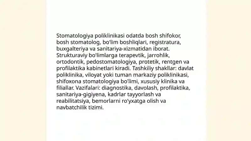 Stomatologiya poliklinikalari,turlari va toifalari. Stomatologiyada tibbiy xodimlarining majburiyatlari 3