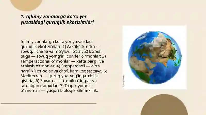 Yer sharida quruqlik ekosistemalarni shartli iqlimiy guruhlari va ularni muhim biotsenozlari 3