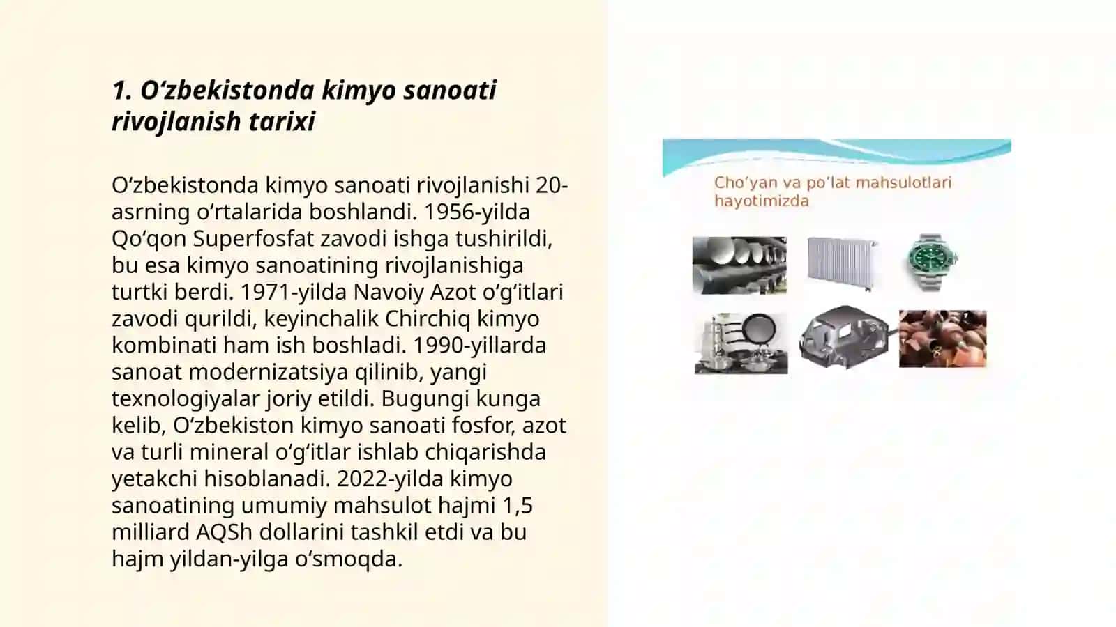 Oʻzbekistonda kimyo sanoati ishlab chiqaradigan mahsulotlar va kimyoviy ishlab chiqarish usularini rivojlantirish konsepsiyalari 3