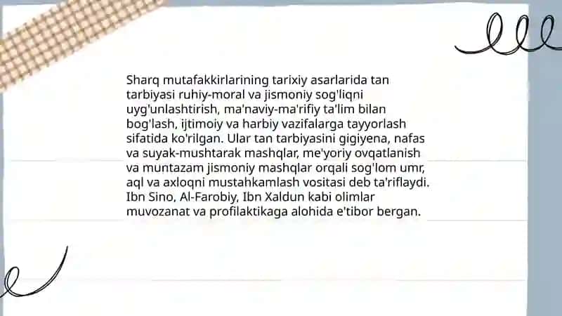 Sharq mutafakkirlarining tarixiy asarlari, xalq pedagogikasi, diniy adabiyotlardagi tan tarbiyasi muommolar 3
