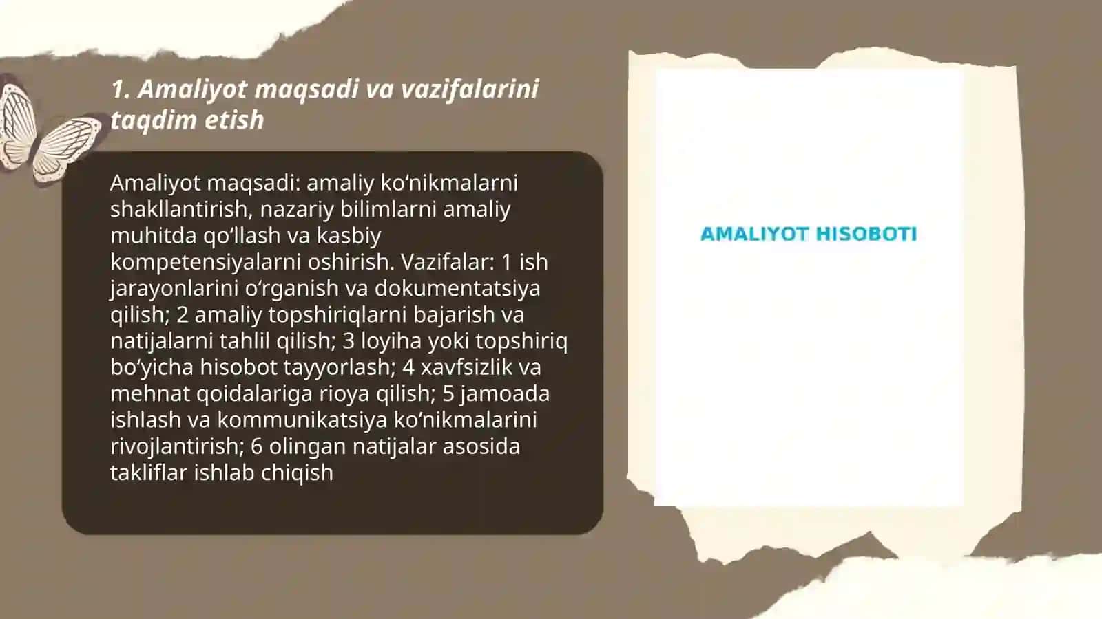 Amaliyot jarayonida bajarilgan ishlar uchun hisobot va taqdimot tayyorlash 3