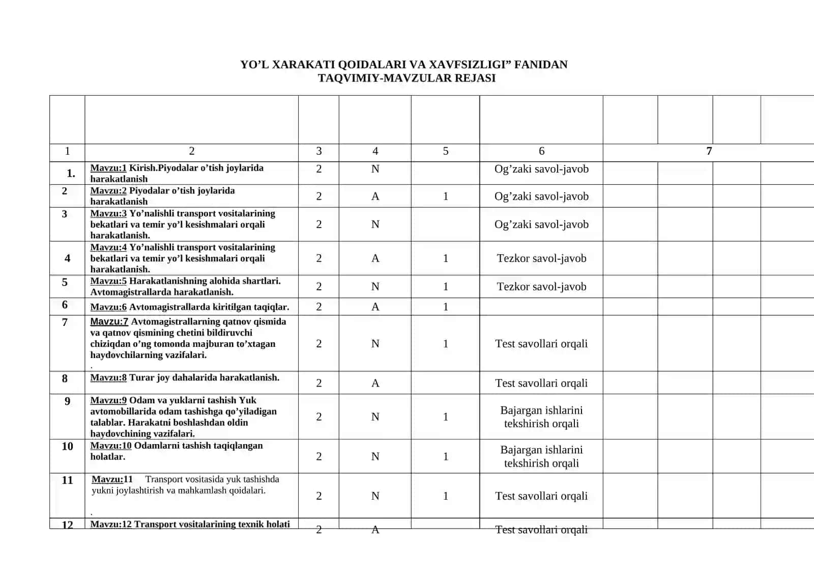 „Yo’l xarakati qoidalari va harakat xavfsizligi“ fanidan  OQITISH MATERIALLARI 3