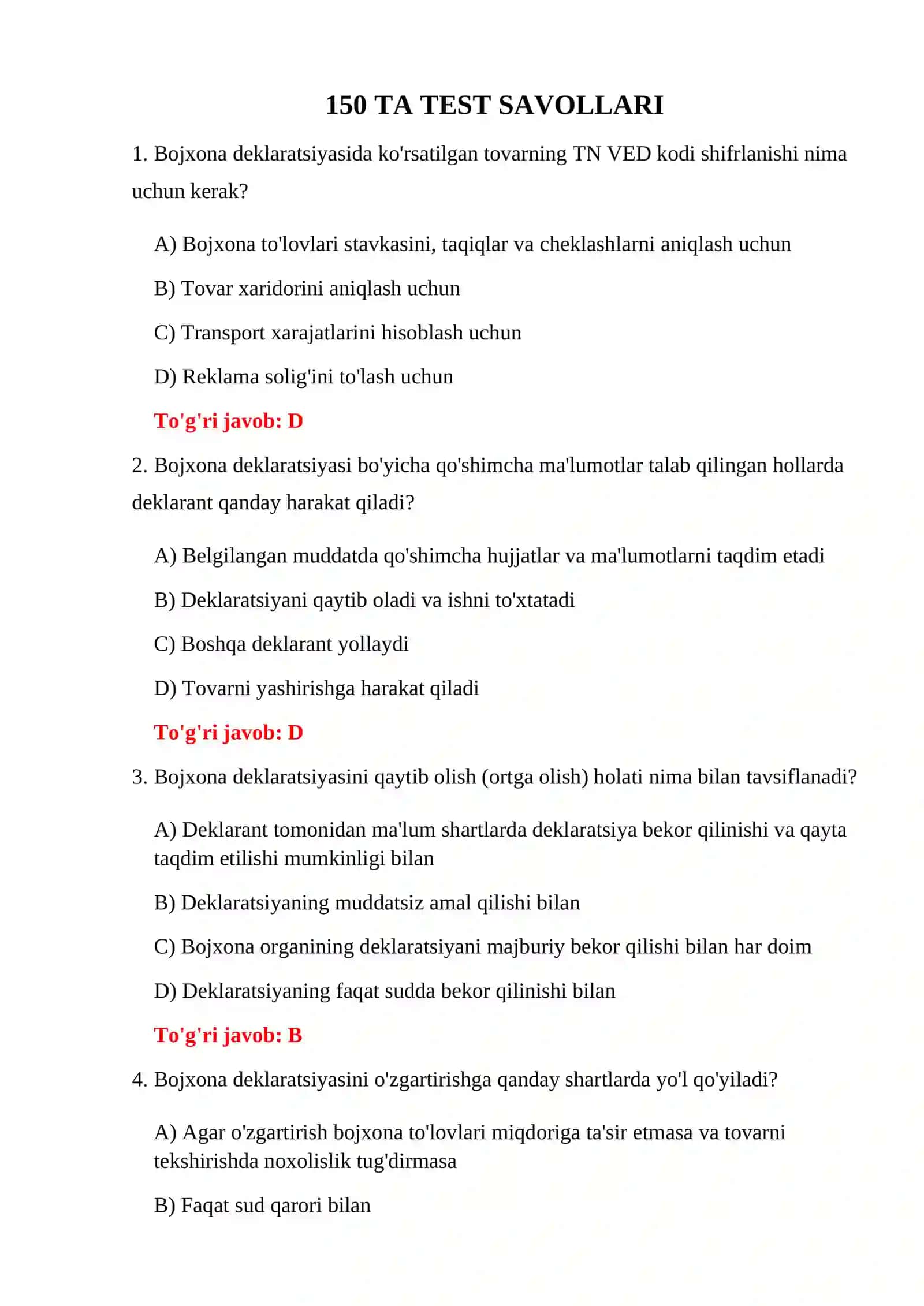 BOJXONA TESTLARI 3