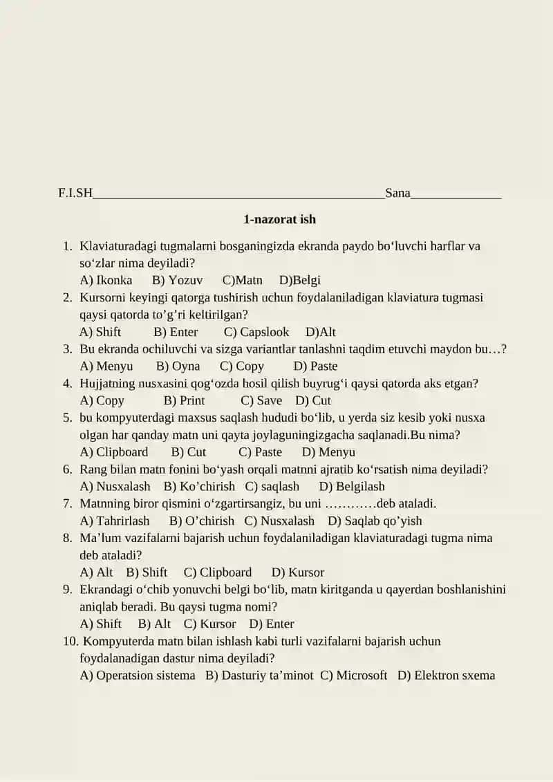 Informatika va axborot texnologiyalari fanidan nazorat ishi daftari 3