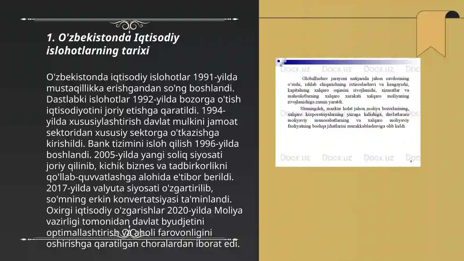 Iqtisodiy islohotlar, xususiy mulkchilikning shakllanishi. O'zbekistonda bozor munosabatlarining rivojlanishi 3