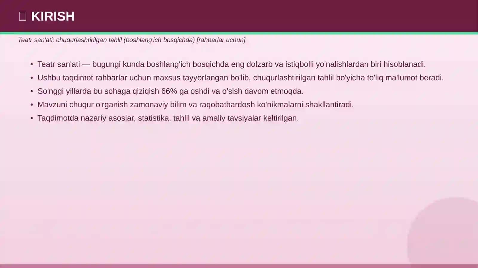 TEATR SAN'ATI: Chuqurlashtirilgan tahlil (boshlang'ich bosqichda) [rahbarlar uchun] 3