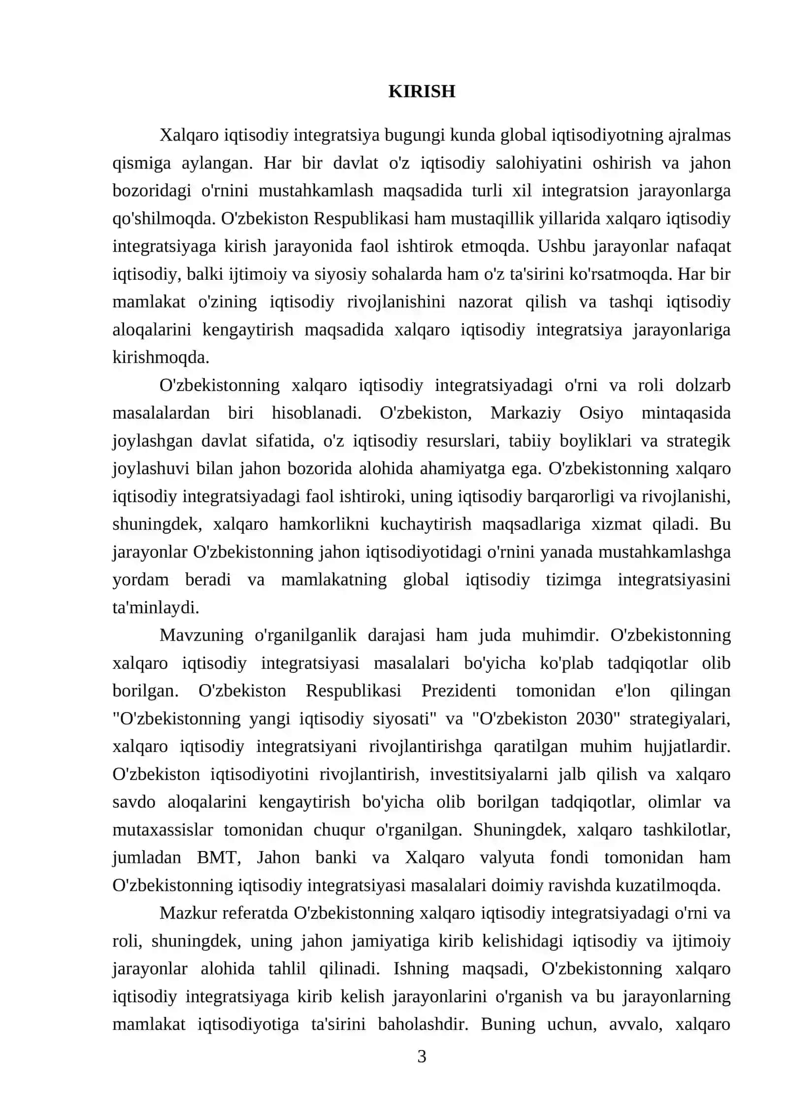 Xalqaro iqtisodiy integratsiya va O'zbekistonning jaxon jamiyatiga kirib kelishi referant qlb 3