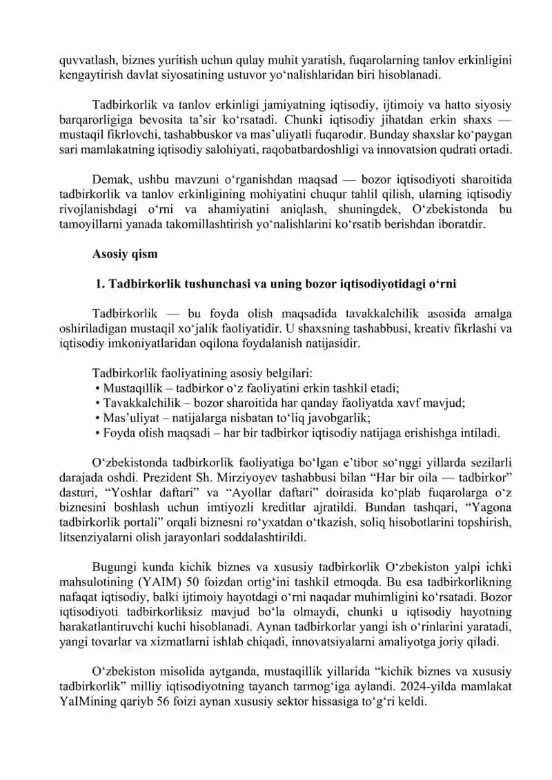 Tadbirkorlik va tanlov erkinligi bozor iqtisodiyotining asosiy tamoyillaridan biri sifatida. ESSAY 3