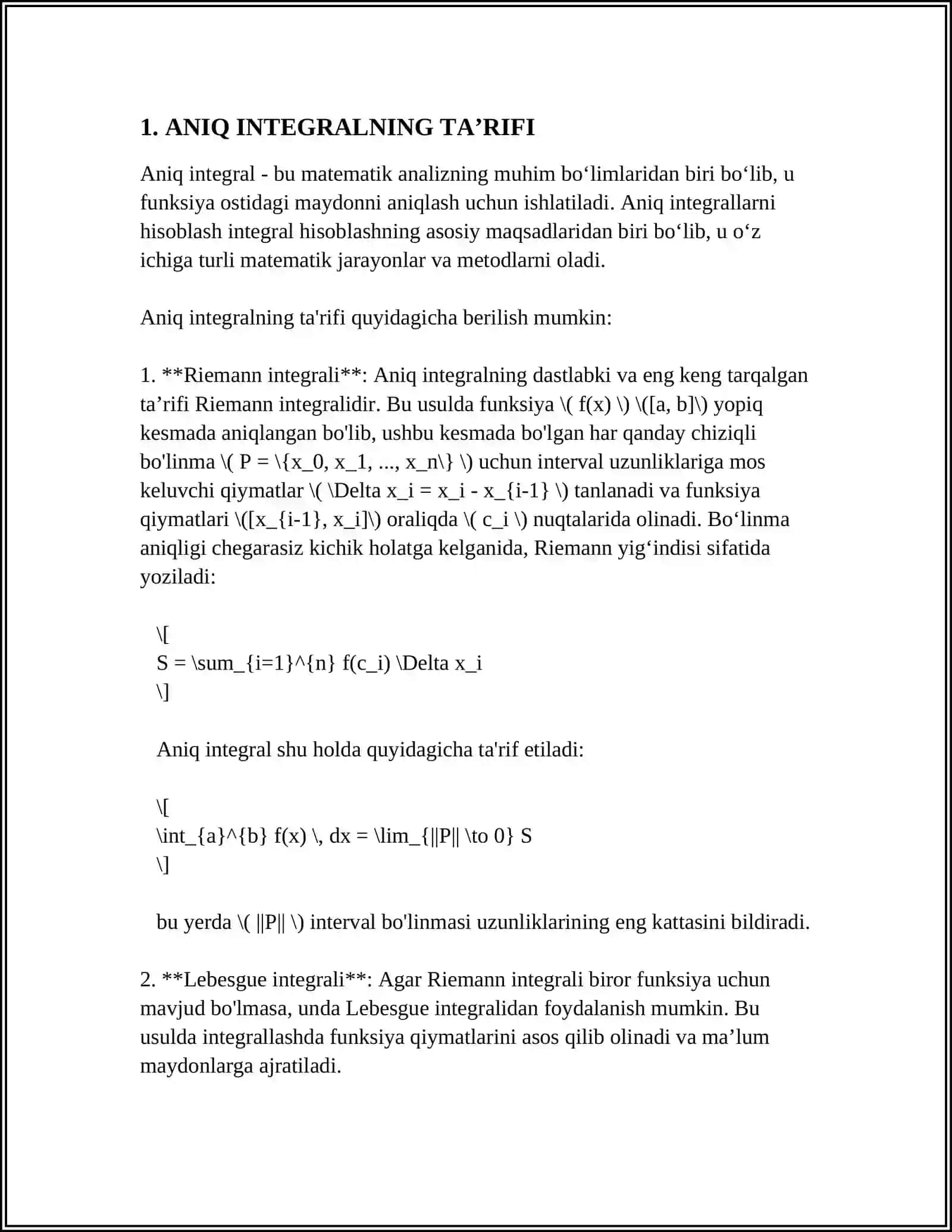 ANIQ INTEGRAL TUSHUNCHASI BOʻYICHA MASALALAR 3