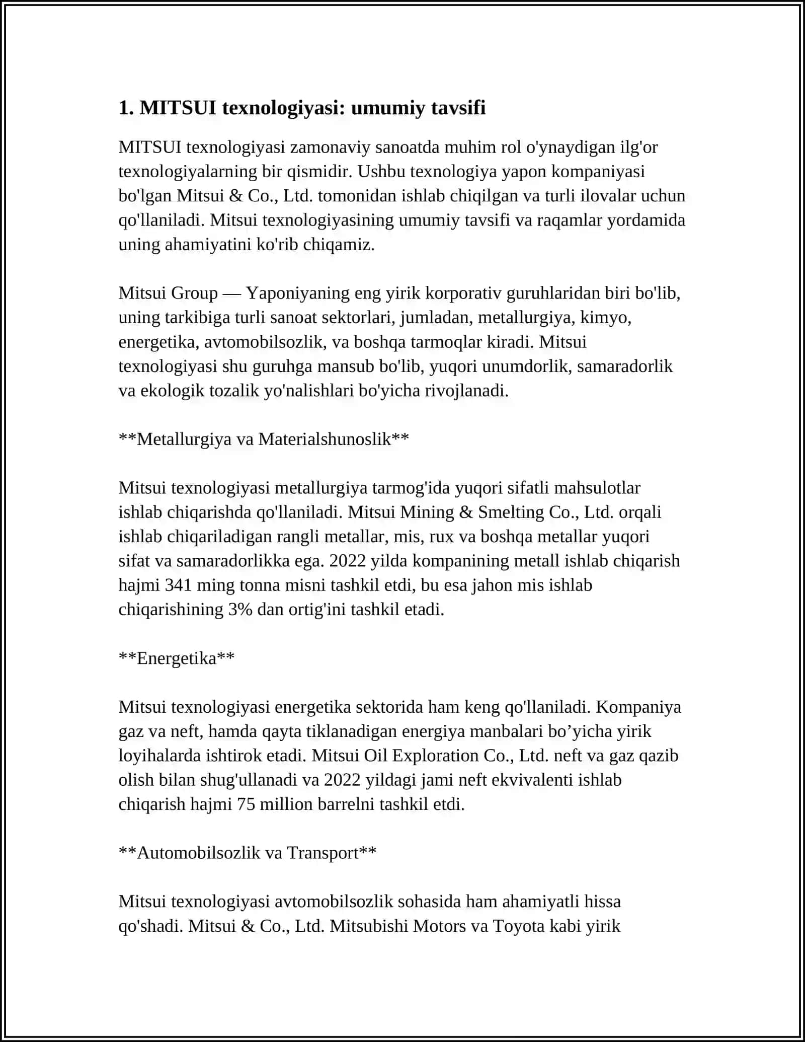 MITSUI TEXNOLOGIYASI BO‘YICHA POLIETILEN ISHLAB CHIQARISHNI BOSHQA TEXNOLOGIYALARGA O‘XSHASHLIKLARI FARQI VA AFZALLIKLARI 3