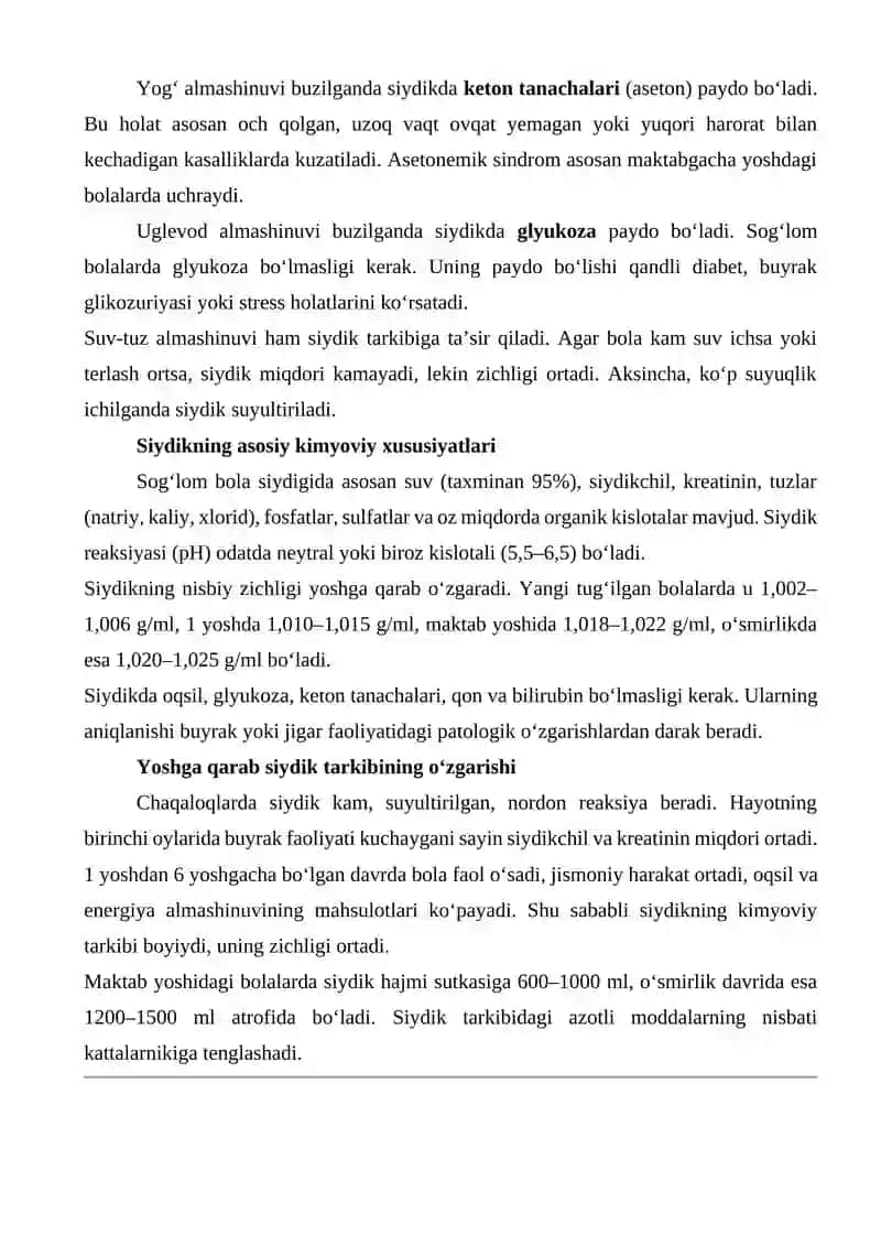 Turli yoshdagi bolalarda siydikning kimyoviy xususiyatlariga moddalar almashinuvining ta’siri 3