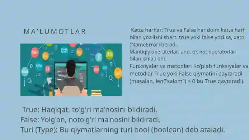 PYTHON DASTURLASH TILIDA TRUE VA FALSE QIYMATLARI 3