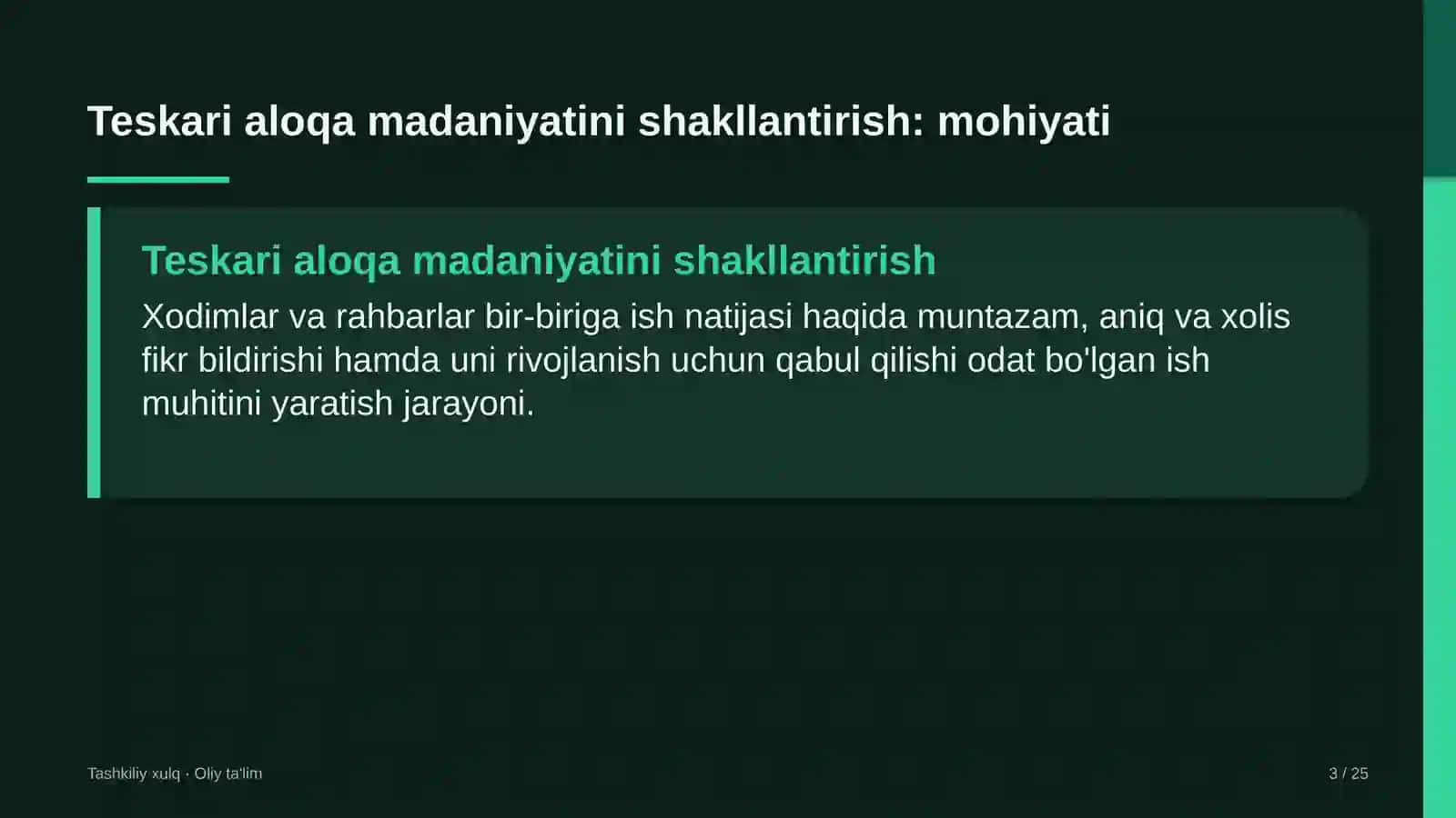 dasturiy ta'minotni testlash sohasida ish joyida teskari aloqa madaniyatini shakllantirish 7074 3