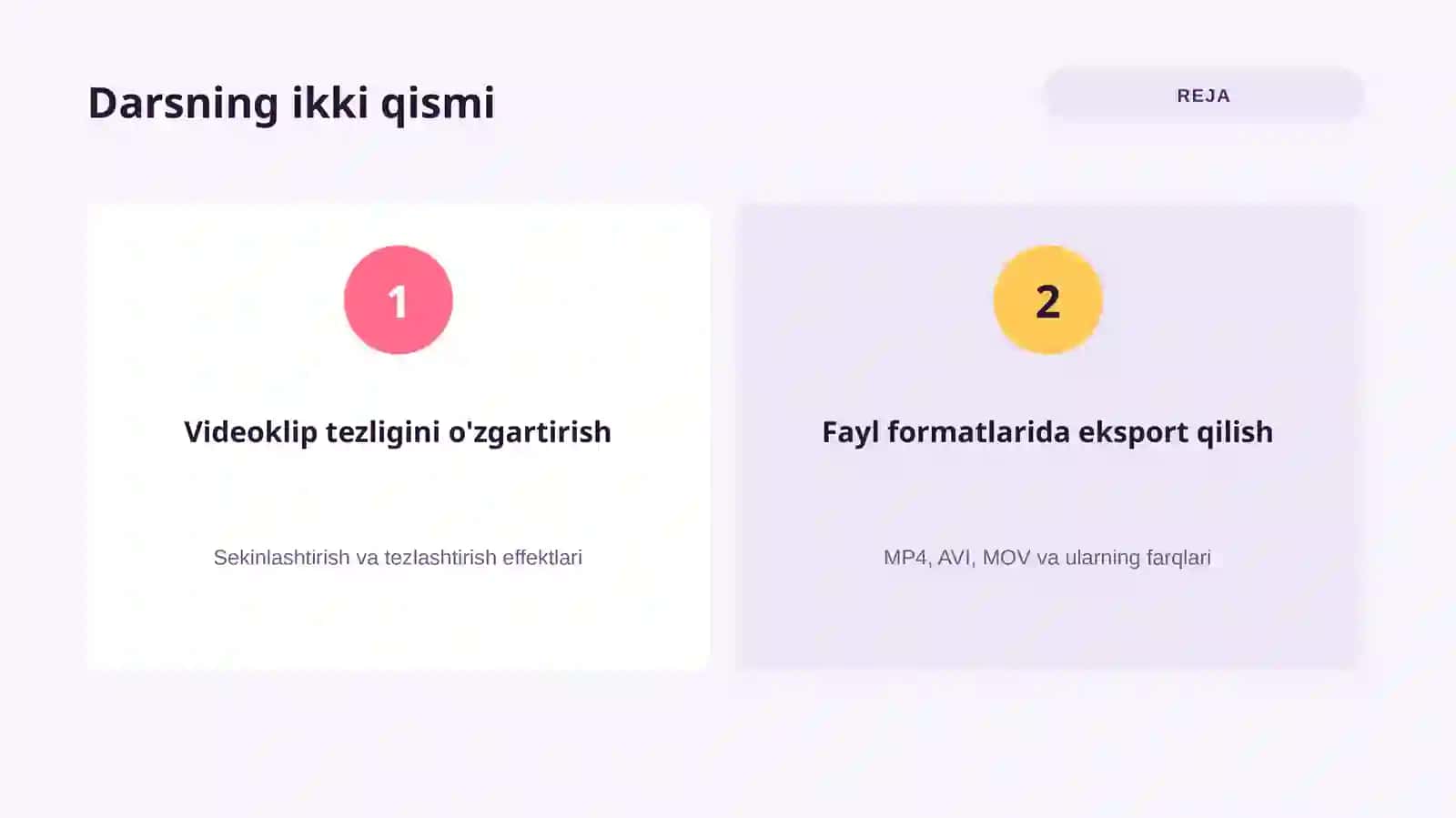 Videoklip tezligini o'zgartirish. Videoklipni turli fayl formatlarida eksport qilish. 3