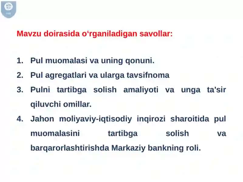Pul muomalasini tashkil qilish va pul massasi 3
