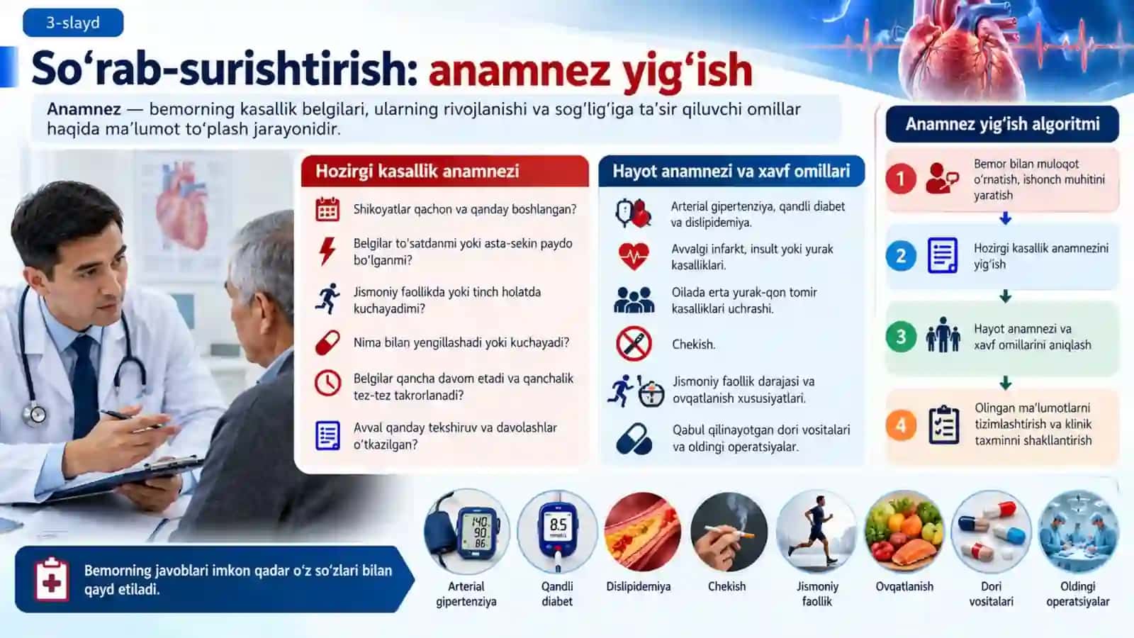 Yurak-qon tomir kasalliklarida bemorlarni tekshirish usullari. So‘rab-surishtirish: asosiy shikoyatlar, ularning patogenezi. Ko‘zdan kechirish 3
