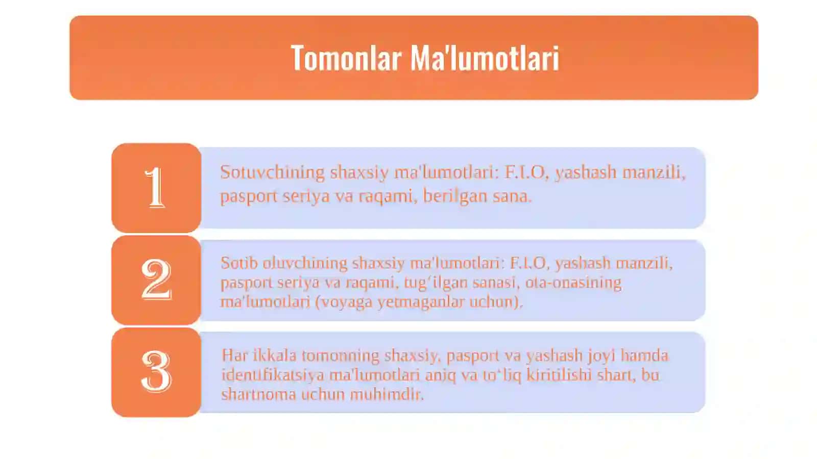 Fuqarolik xuqiqida: Uy-joy oldi sotish shartnomasi tuzilishi (elementlari)  shartlari.  Shartnoma loyixasi 3