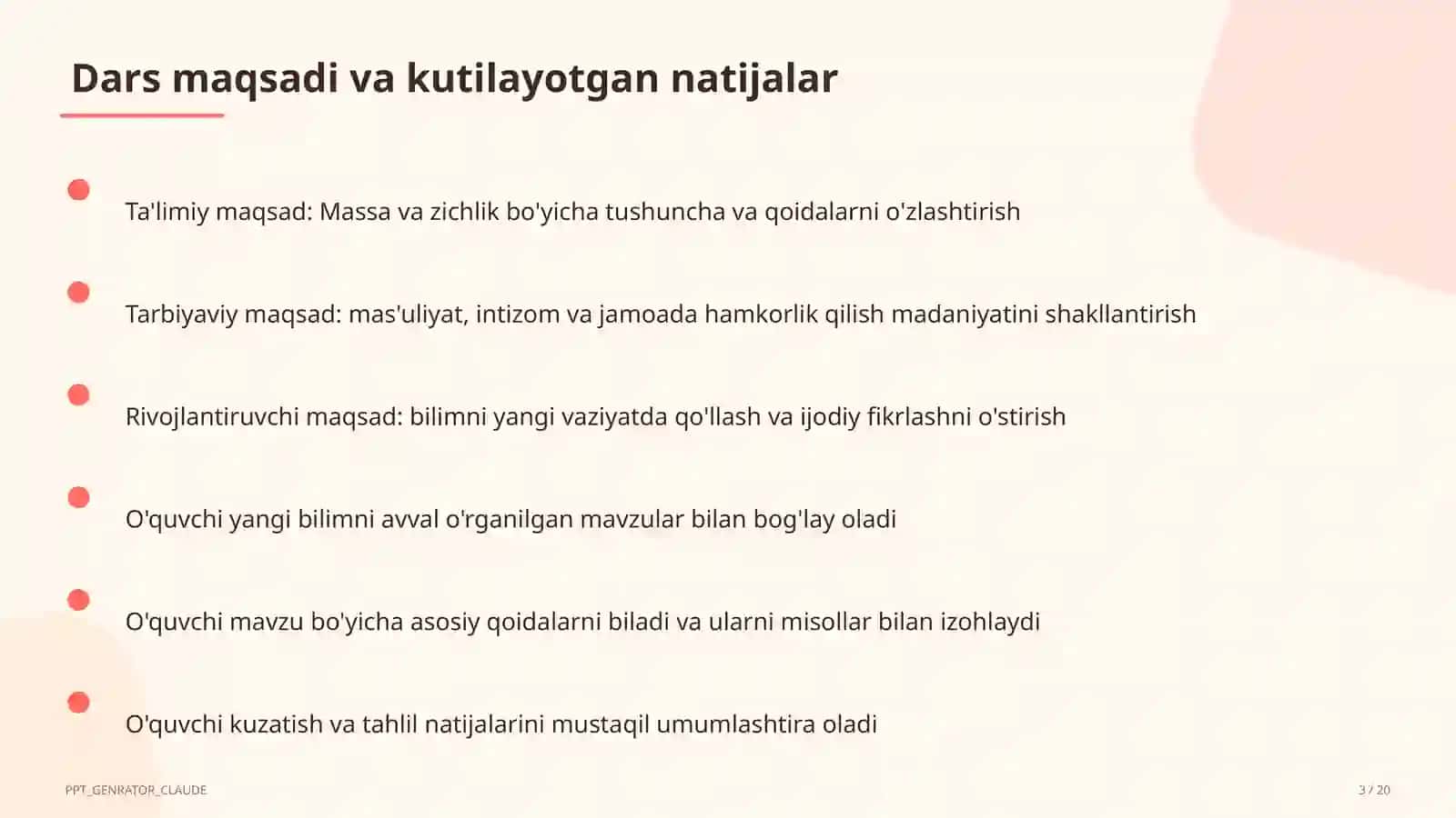 Massa va zichlik (6-sinf) Fizika (6–11) — mustaqil o'rganish uchun 3