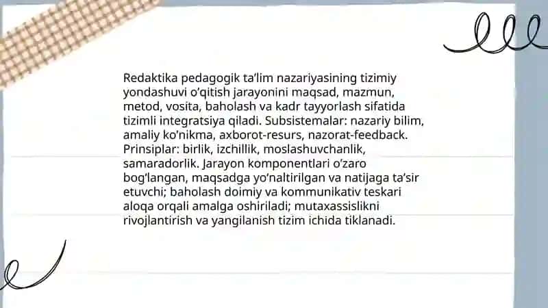 Redaktika pedagogik taʼlim nazariyasi oʻqitish jarayoni yaxlit tizim sifatida 3