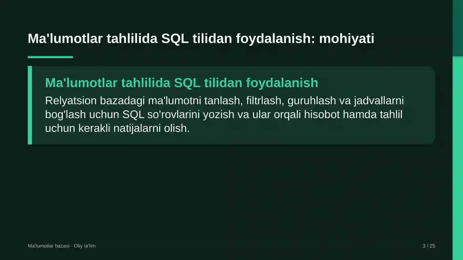 Daryo transportida ma'lumotlar tahlilida SQL tilidan foydalanish 3