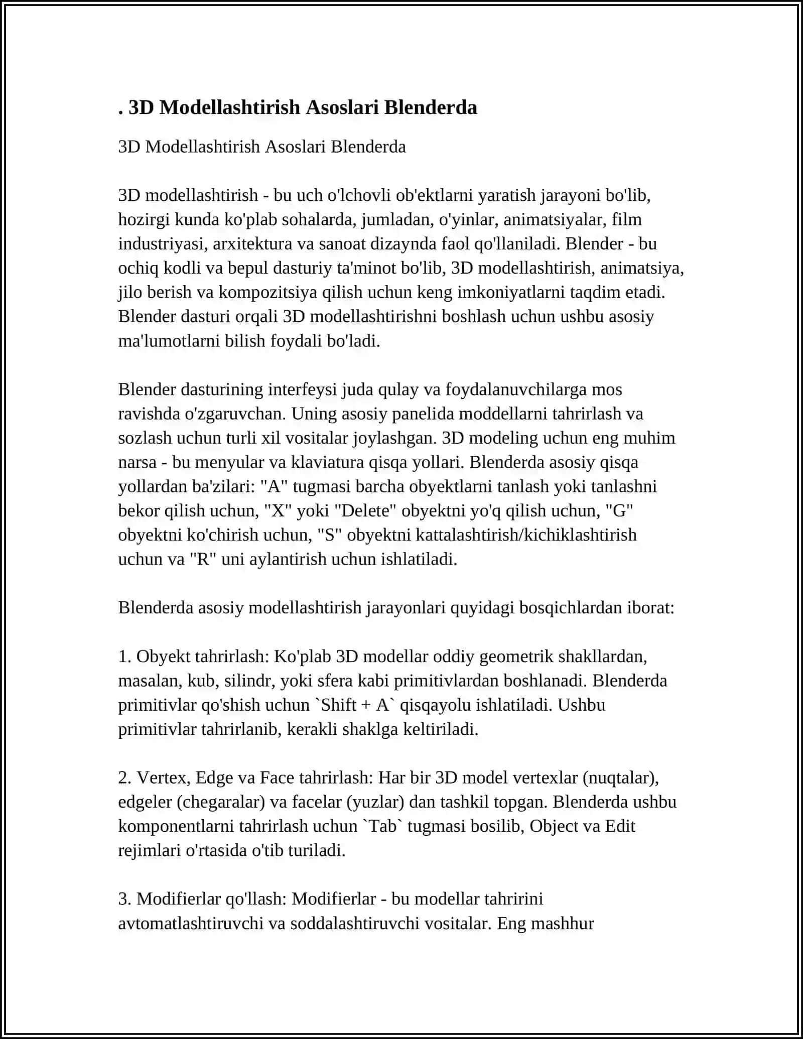 BLENDER DASTURIDA OBʼEKTLARNI MODELLASHTIRISH IMKONIYATLARI 3