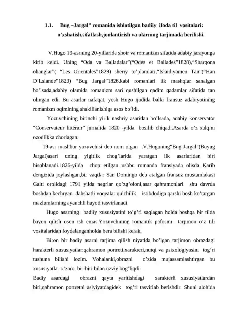 V. Gyugoning “Byug – Jargal” romanining leksik – stilistik xususiyatlari va ularning tarjimada berilish 3