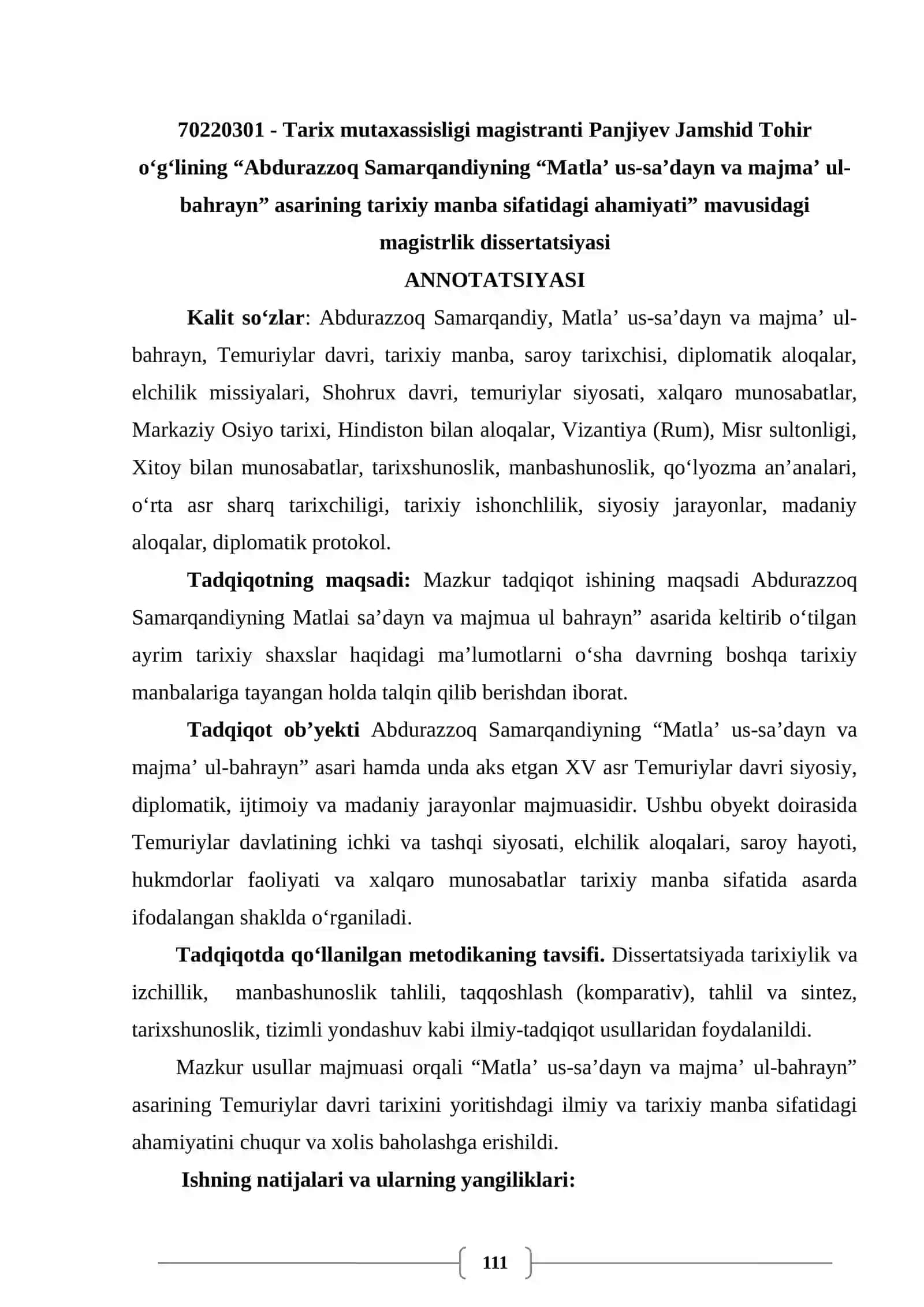 ABDURAZZOQ SAMARQANDIYNING “MATLA’ US-SA’DAYN VA MAJMA’ UL-BAHRAYN” ASARINING TARIXIY MANBA SIFATIDAGI AHAMIYATI 3