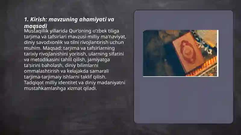 Mustaqillik yillarida Qur’oning oʻzbek tiliga tarjima qilinishi va tafsirlari haqida taqdimot tayyorlash 3