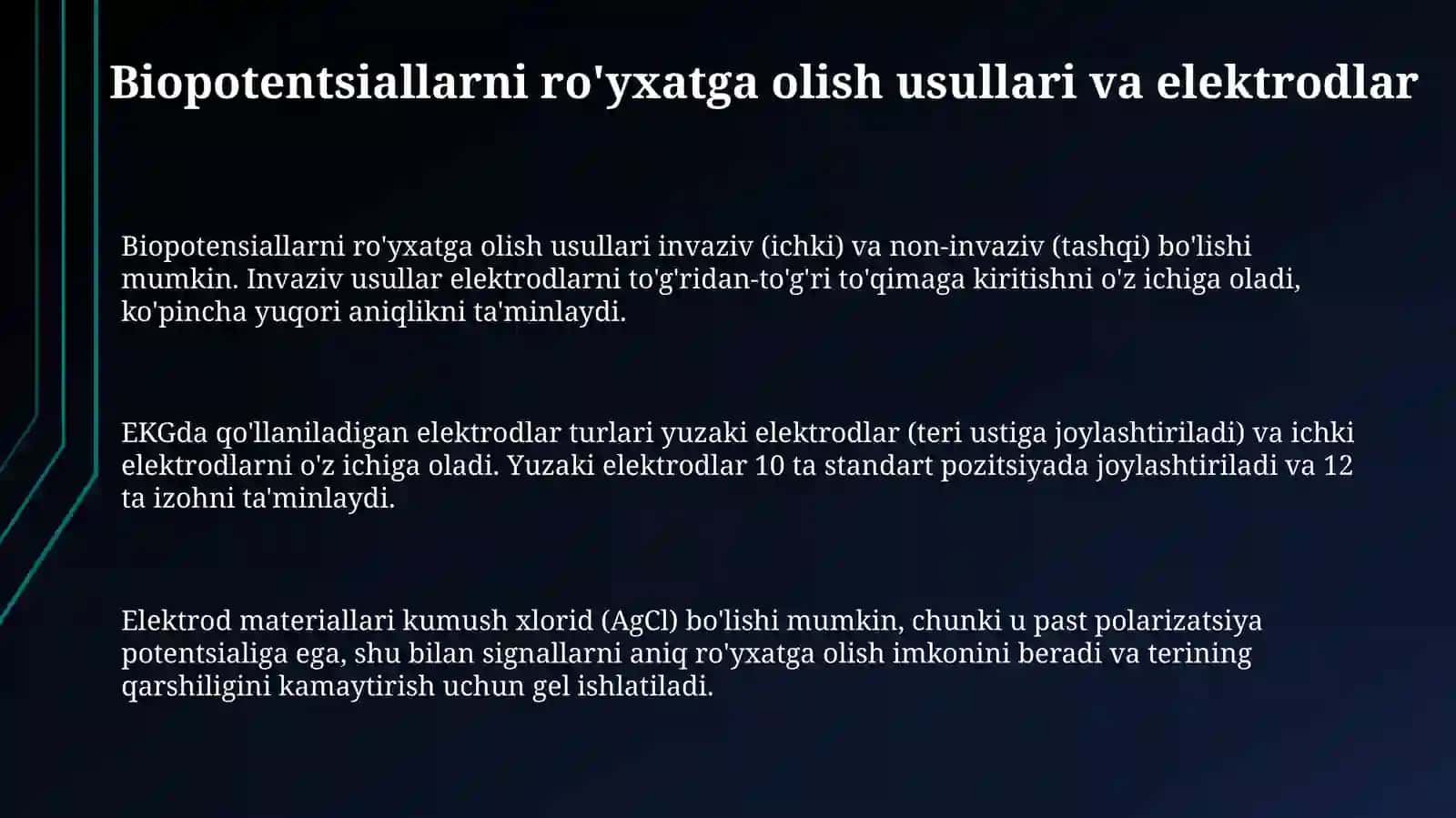Biopotensiallarni qayd qilish usullari.Elektrokardiografiyaning fizik asoslarinio`rganish 3