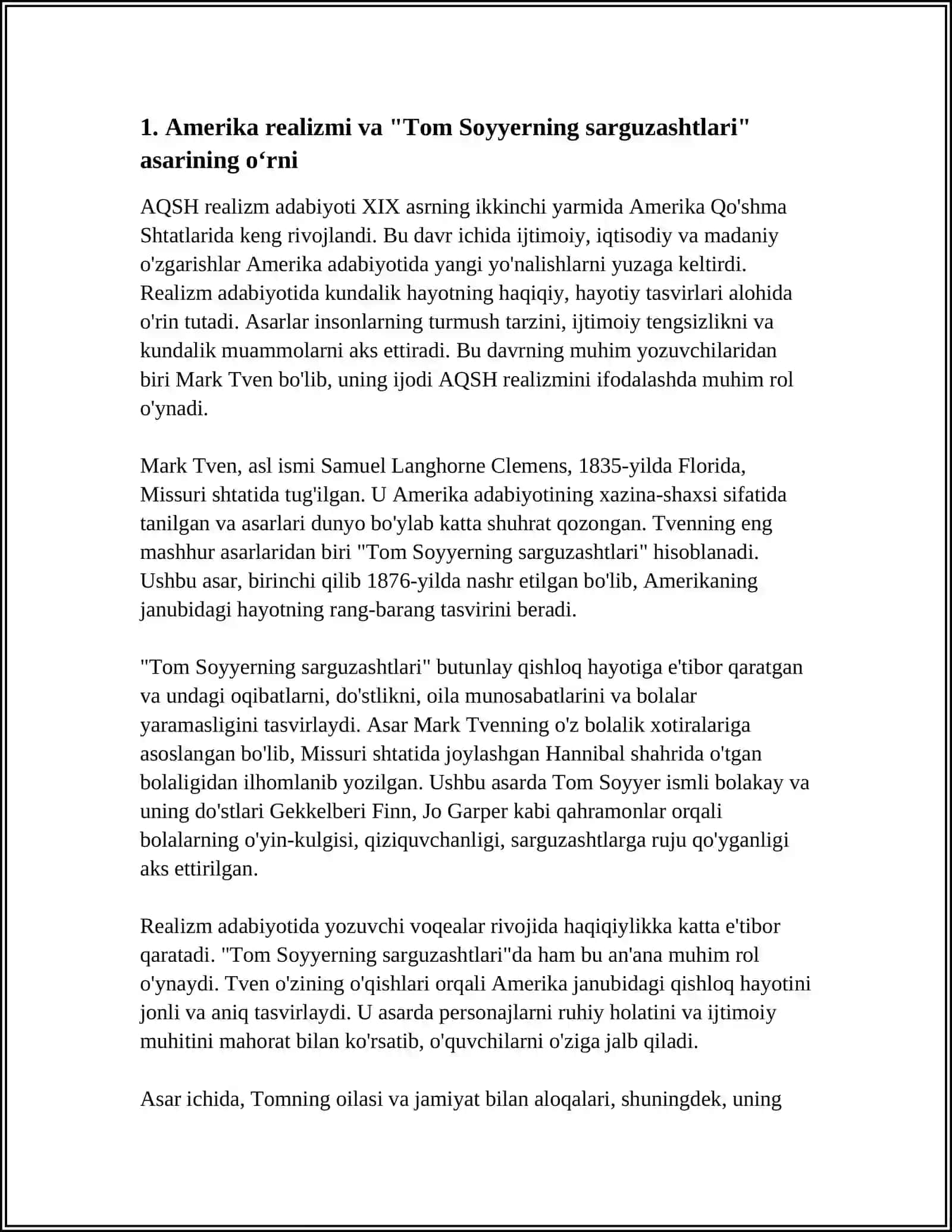 AQSH REALIZM ADABIYOTI.MARK TVENNING "TOM SOYYERNING SARGUZASHTLARI"ASARI 3