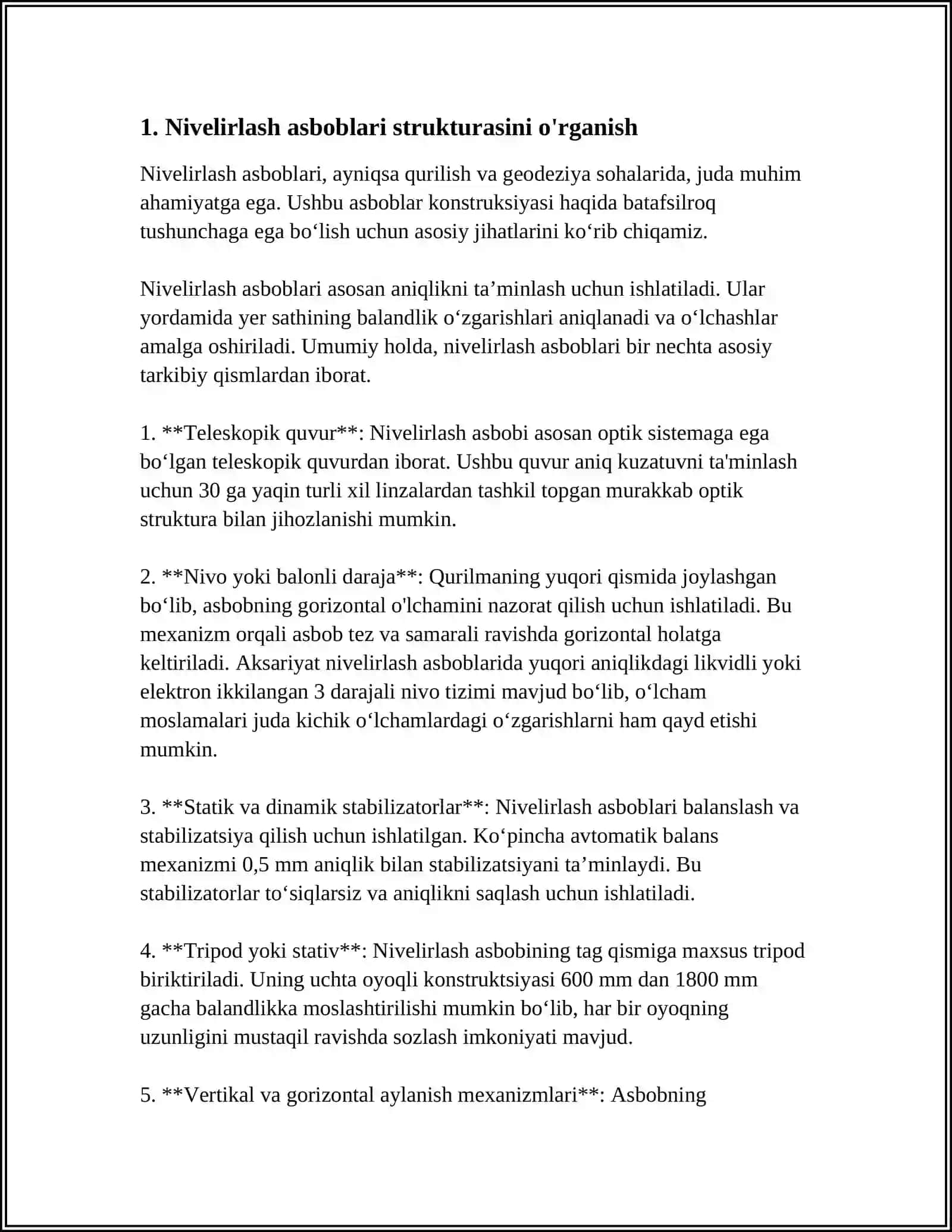 N3 NIVELIR VA REKALARNI TEKSHIRISH.NIVELIRLASH TARMOĢI LOYIHASINI TUZISH VA NIVERLIR BELGILARINI JOYDA MAHKAMLASH 3