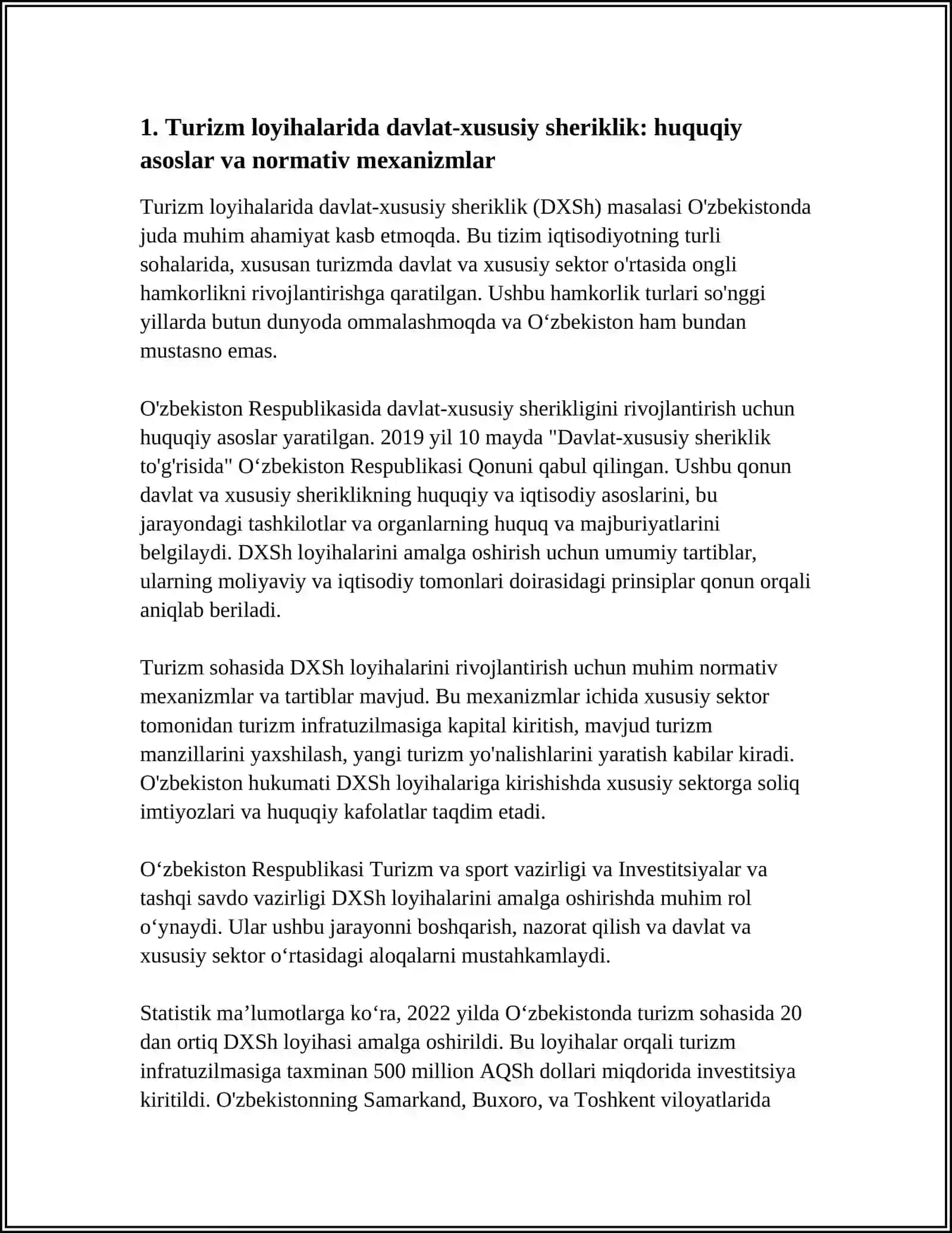 TURIZMDA DAVLAT- XUSUSIY SHERIKLIK ASOSIDA LOYIHALARNI AMALGA OSHIRISH 3