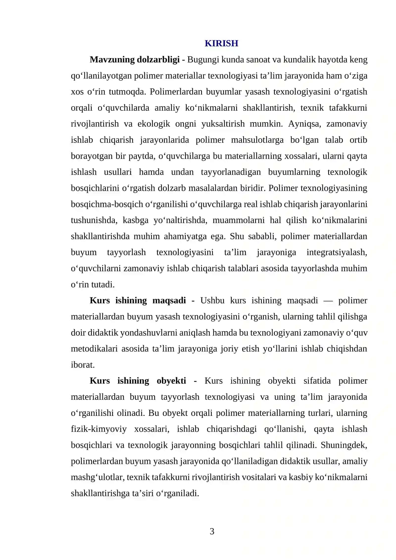 POLIMER MATERIALLARDAN BUYUM YASASH TEXNOLOGIYASI KURS ISHI 3