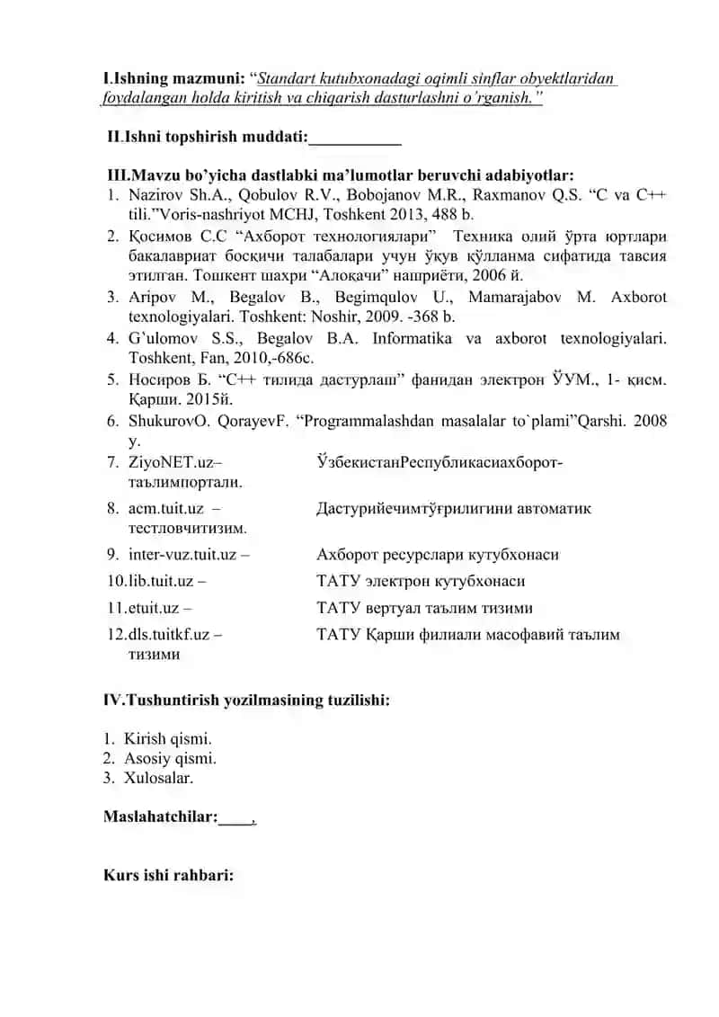 C++da dasturlash fanidan kurs ishi 3