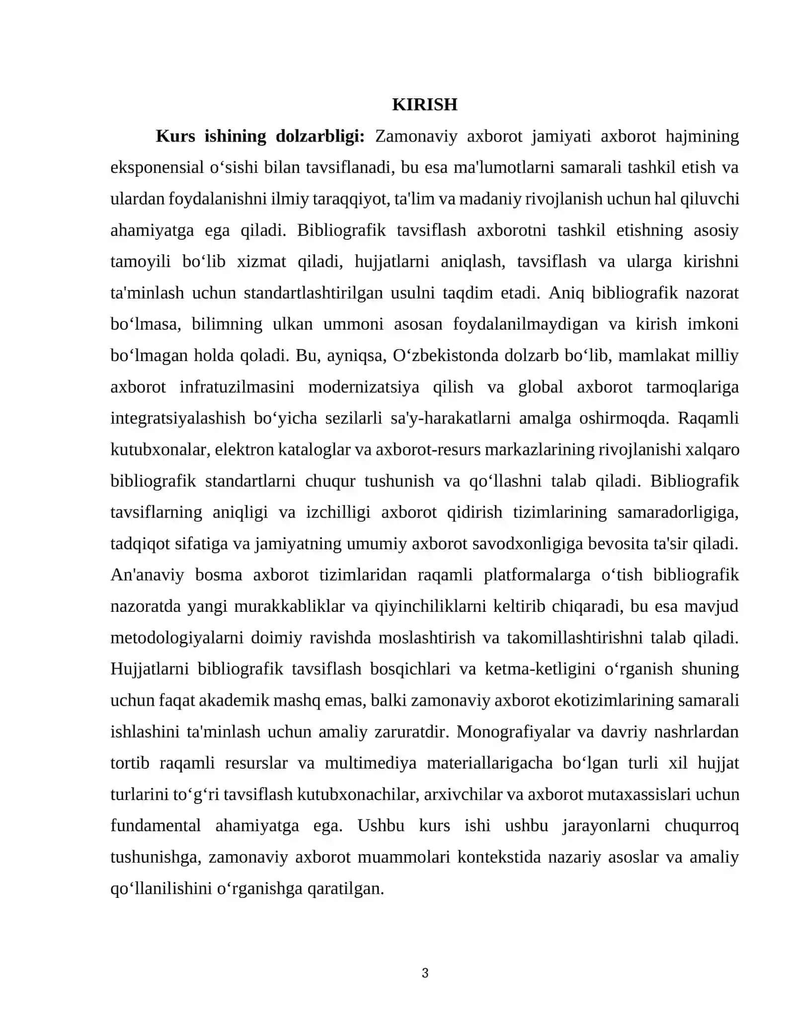 KURS ISHI: HUJJATLARNI BIBLIOGRAFIK TAVSIFLASH BOSQICHLARI VA KETMA-KETLIGINI O’RGANISH 3